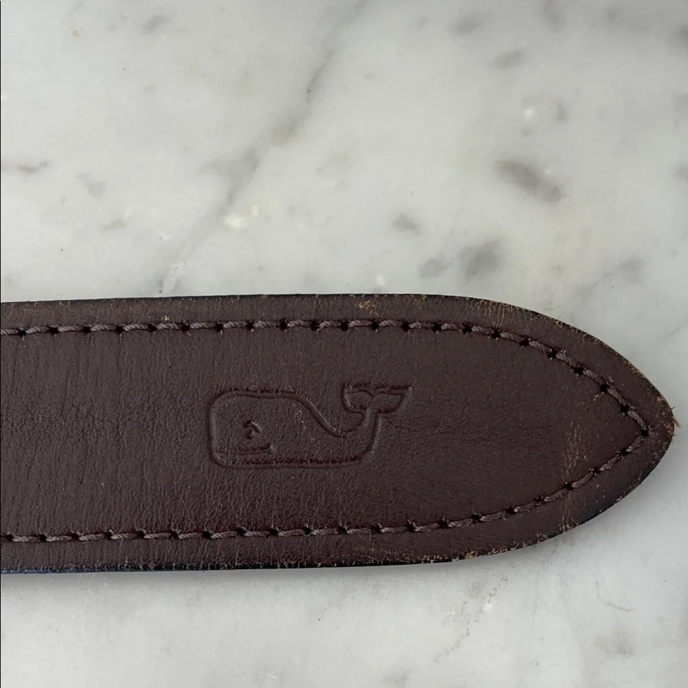VINEYARD VINES Men's Ski Print Blue Brown Leather Canvas Belt Gold Buckle 30